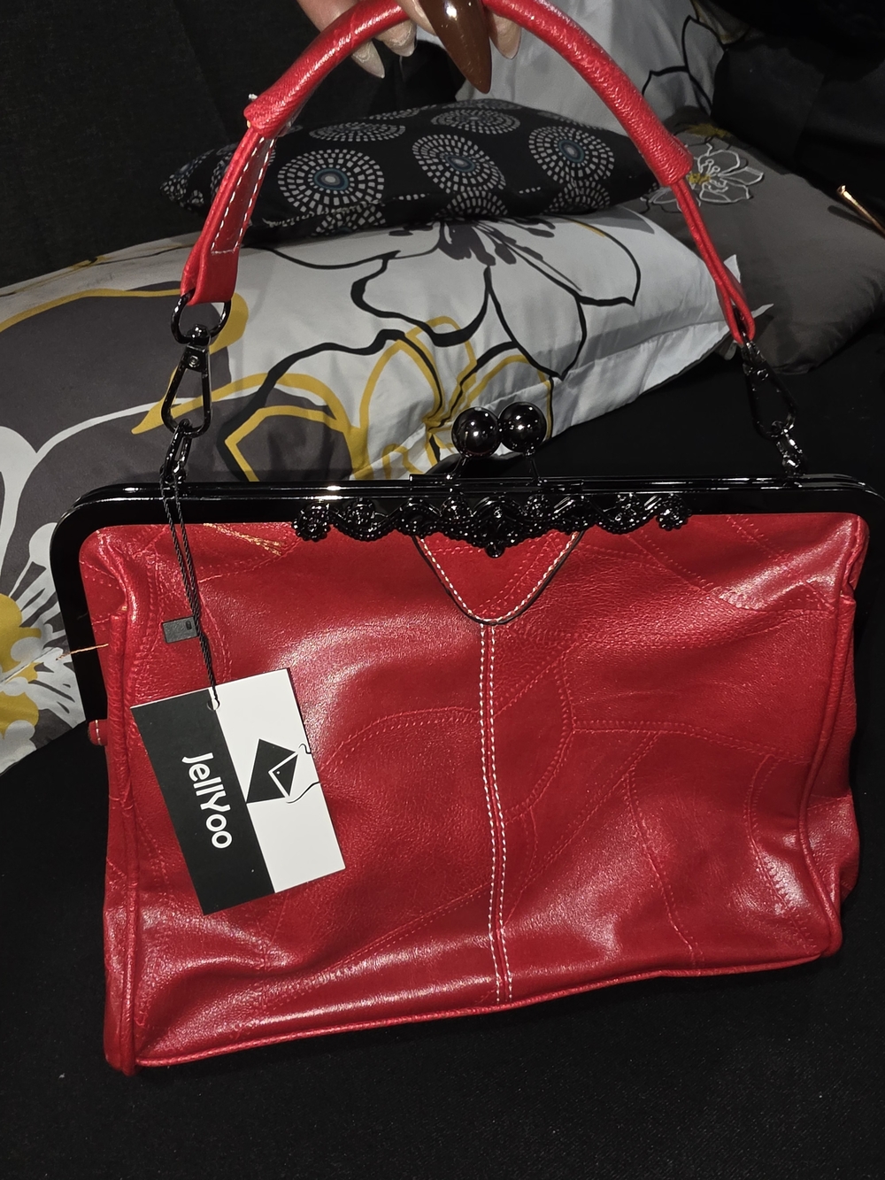 Red Frame-Top Satchel Handbag